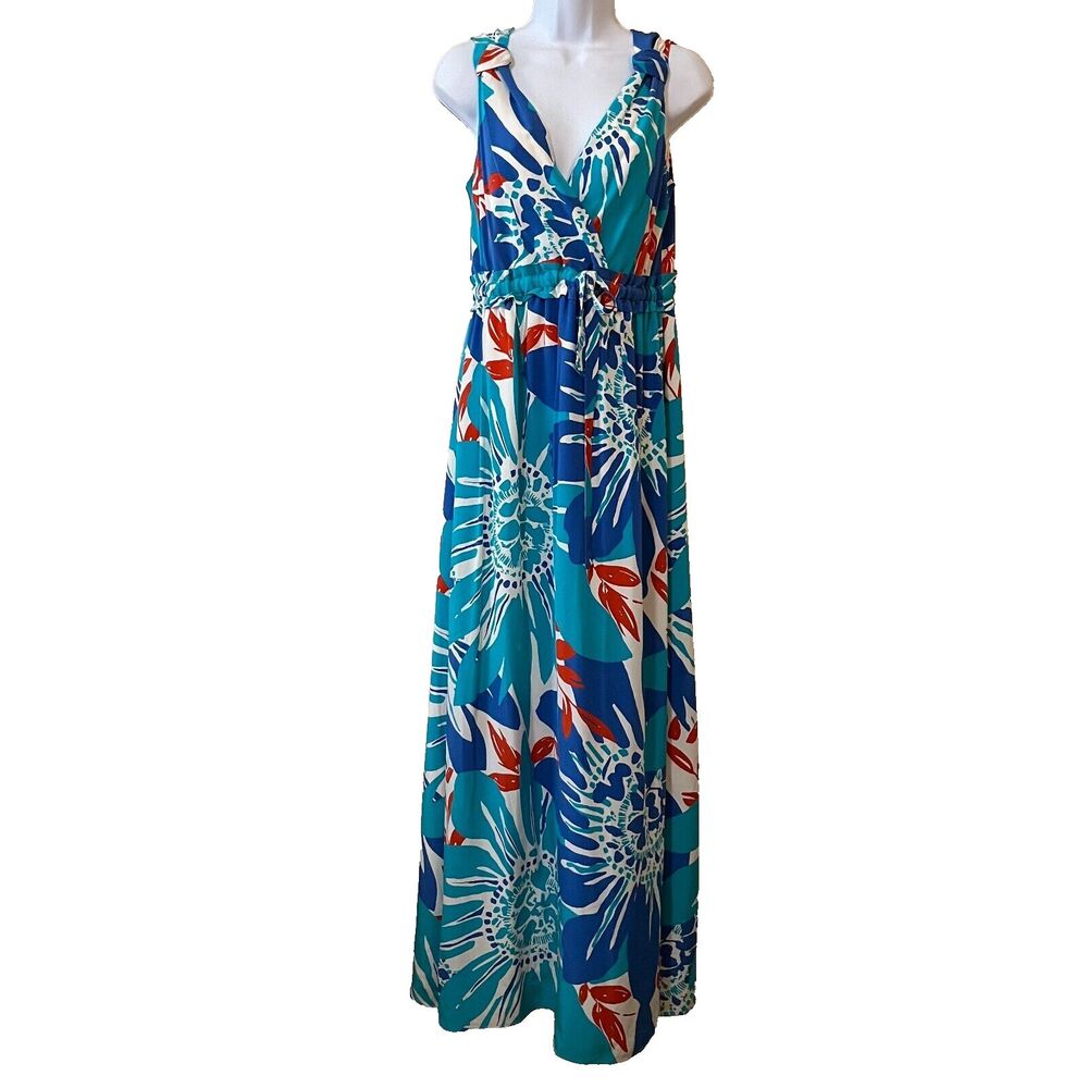 Alfani 100% Silk Surplice Neck Tropical Resort Sleeveless Maxi Dress SZ 4